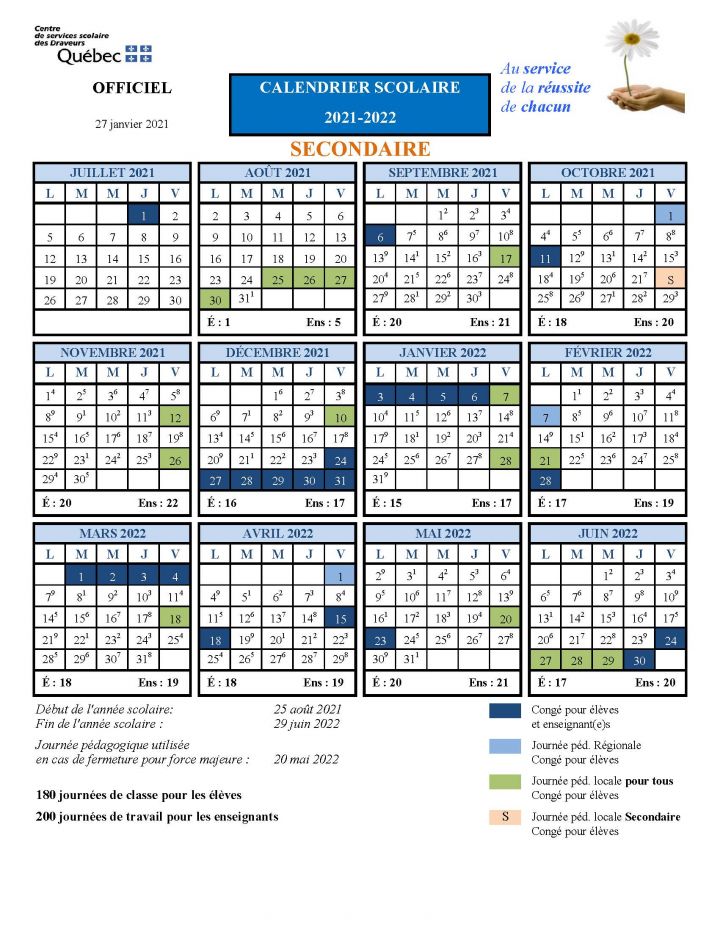 Calendrier scolaire École Polyvalente Le Carrefour